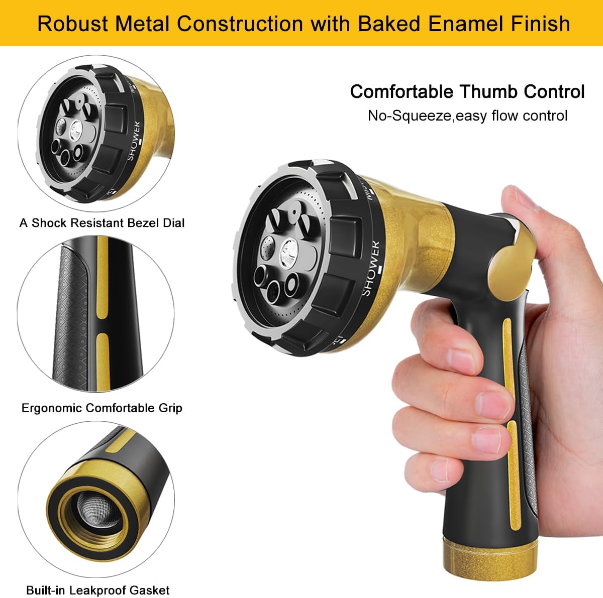 FANHAO Garden Hose Nozzle Heavy Duty,100% Metal Water Hose Sprayer with 8 Spray Patterns-Yellow - FANHAO