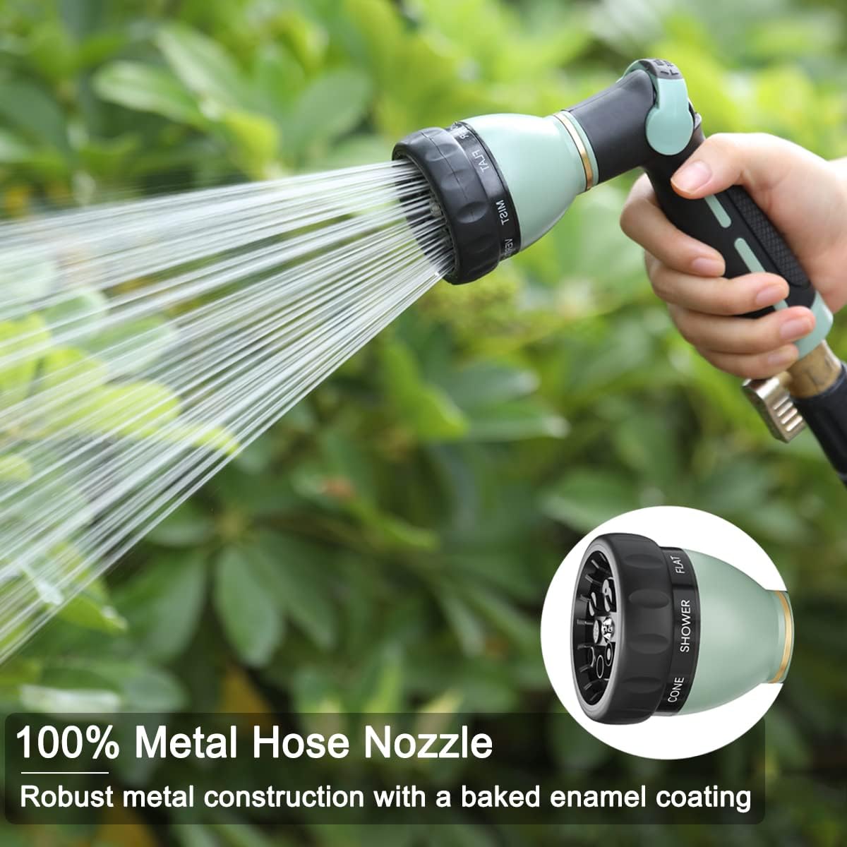 FANHAO Garden Hose Nozzle Heavy Duty, 100% Metal Water Hose Nozzle Sprayer with 8 Spray Patterns-Light Green - FANHAO