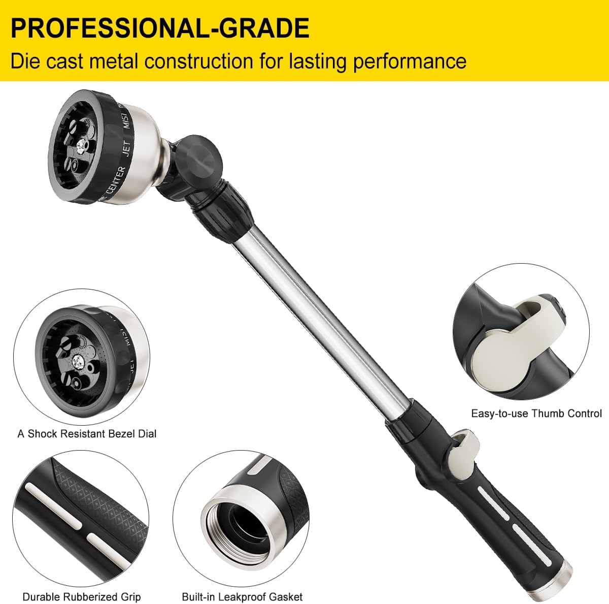 FANHAO Metal Watering Wand, 16-Inch Heavy Duty Garden Hose Wand with 9 Spray Patterns-Black - FANHAO