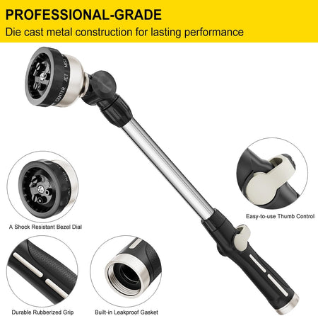 FANHAO Metal Watering Wand, 16-Inch Heavy Duty Garden Hose Wand with 9 Spray Patterns-Black - FANHAO