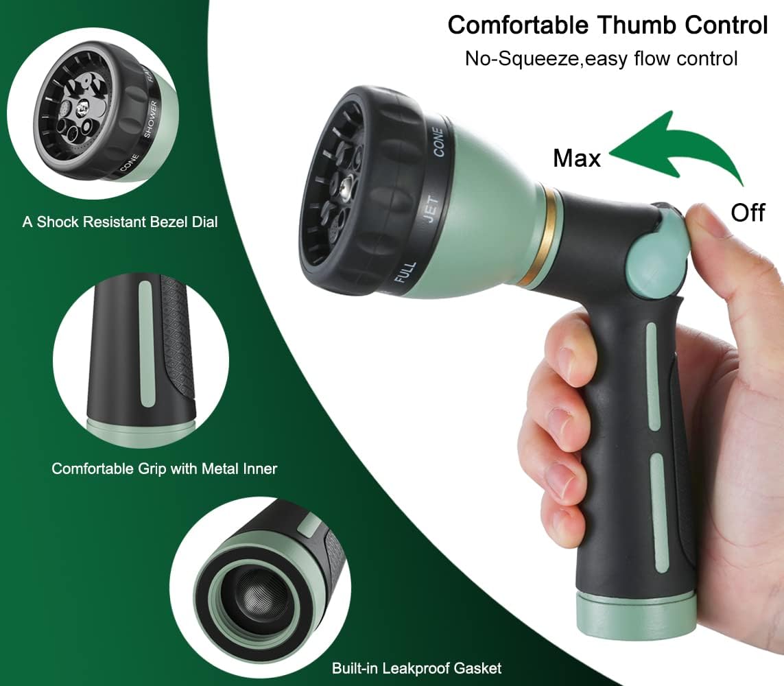 FANHAO Garden Hose Nozzle Heavy Duty, 100% Metal Water Hose Nozzle Sprayer with 8 Spray Patterns-Light Green - FANHAO