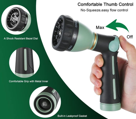 FANHAO Garden Hose Nozzle Heavy Duty, 100% Metal Water Hose Nozzle Sprayer with 8 Spray Patterns-Light Green - FANHAO