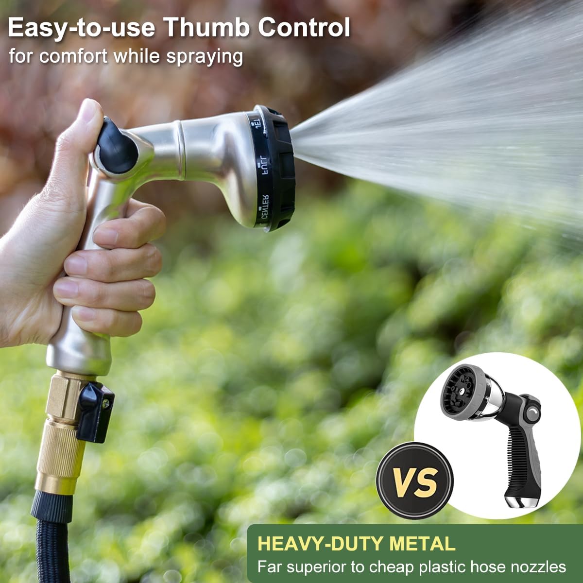 FANHAO Professional Heavy Duty Garden Hose Nozzle, 100% Metal Thumb Control Water Hose Sprayer with 8 Spray Patterns - FANHAO