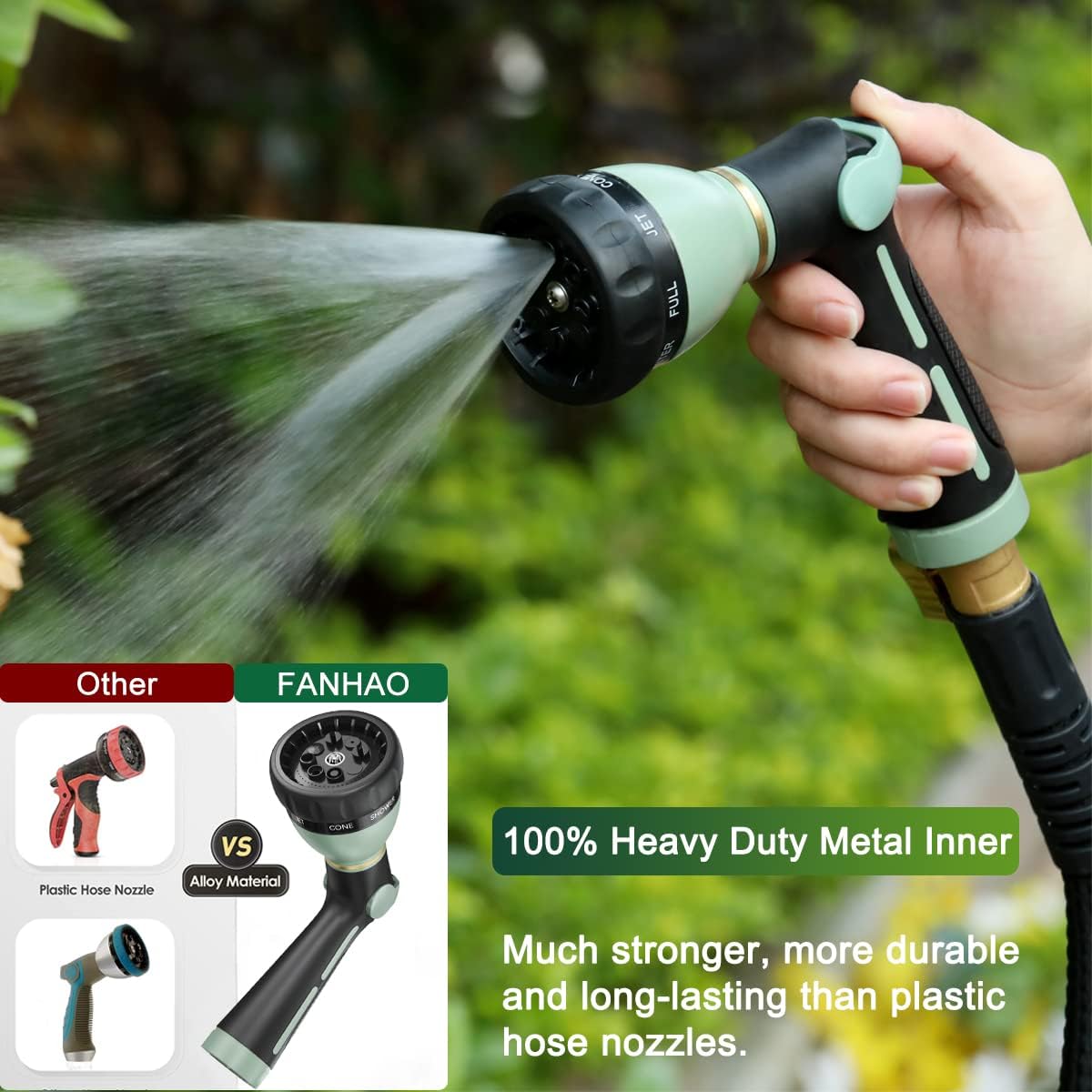 FANHAO Garden Hose Nozzle Heavy Duty, 100% Metal Water Hose Nozzle Sprayer with 8 Spray Patterns-Light Green - FANHAO