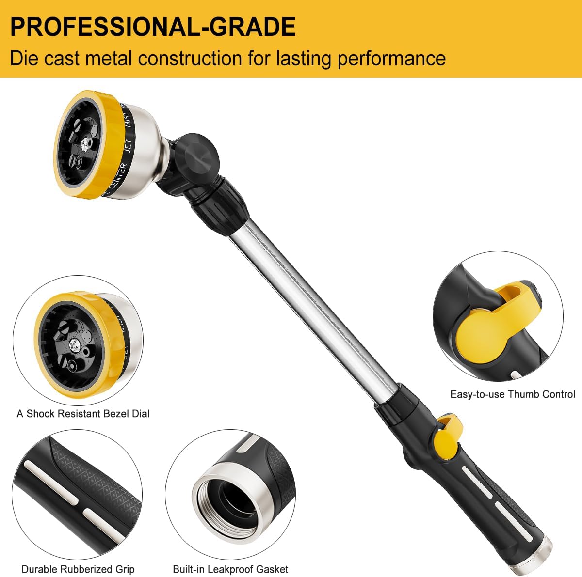 FANHAO Metal Watering Wand,  16-Inch Heavy Duty Garden Hose Wand with 9 Spray Patterns-Yellow - FANHAO