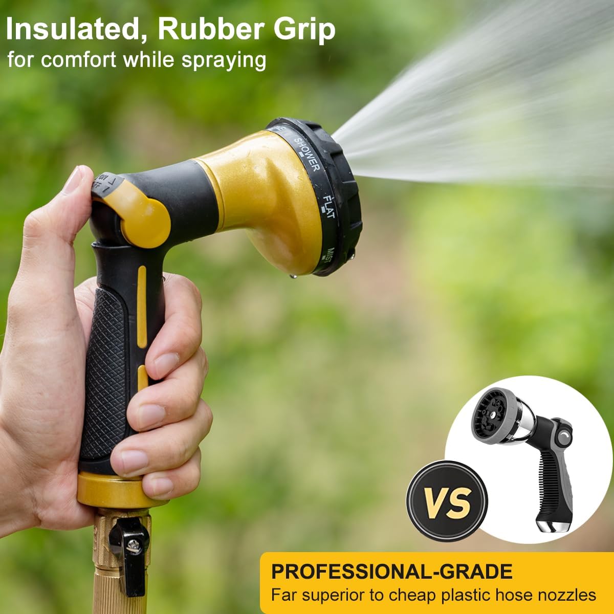 FANHAO Garden Hose Nozzle Heavy Duty,100% Metal Water Hose Sprayer with 8 Spray Patterns-Yellow - FANHAO