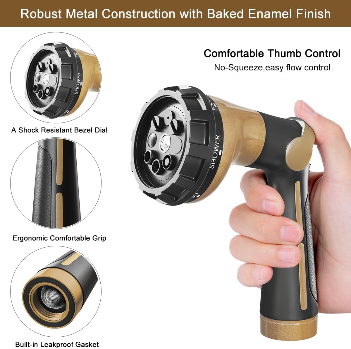 FANHAO Garden Hose Nozzle Heavy Duty,100% Metal Water Hose Sprayer with 8 Spray Patterns-Khaki