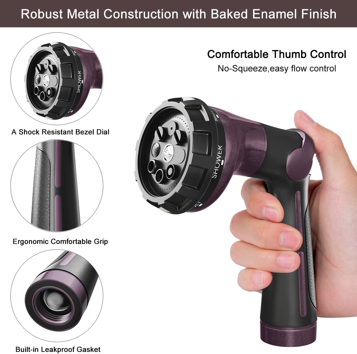 FANHAO Garden Hose Nozzle Heavy Duty,100% Metal Water Hose Sprayer with 8 Spray Patterns-Bronze