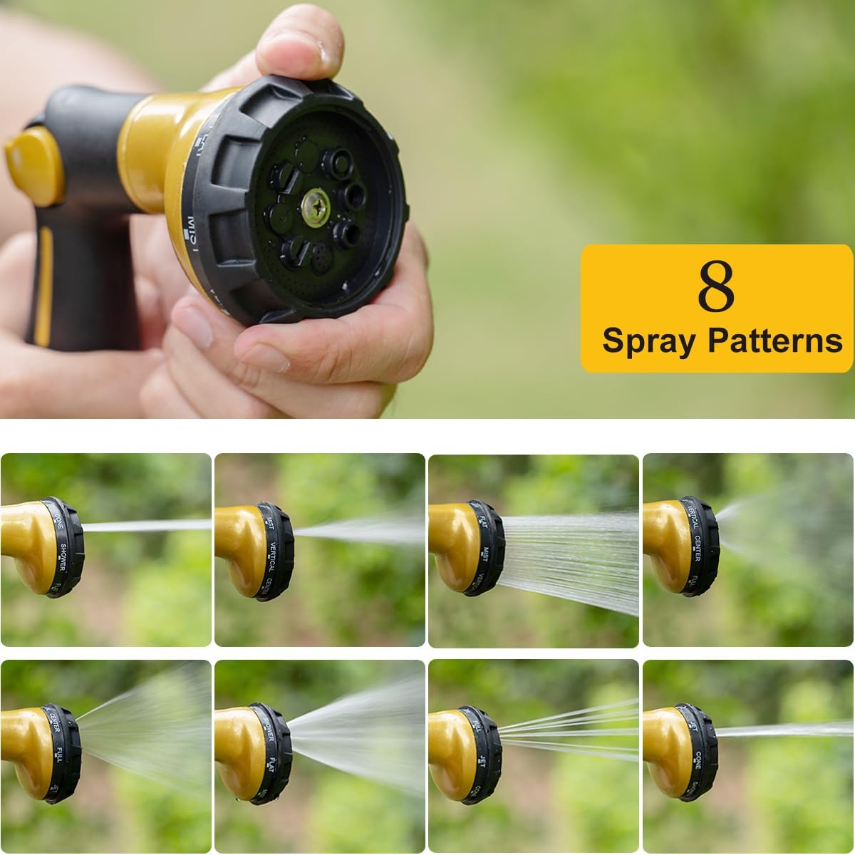 FANHAO Garden Hose Nozzle Heavy Duty,100% Metal Water Hose Sprayer with 8 Spray Patterns-Yellow - FANHAO