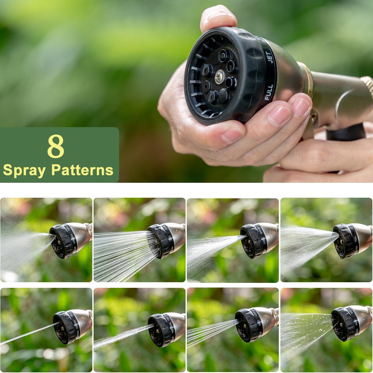 FANHAO Heavy Duty Garden Hose Nozzle, 100% Metal Water Nozzle with 8 Adjustable Spray Patterns-Black - FANHAO