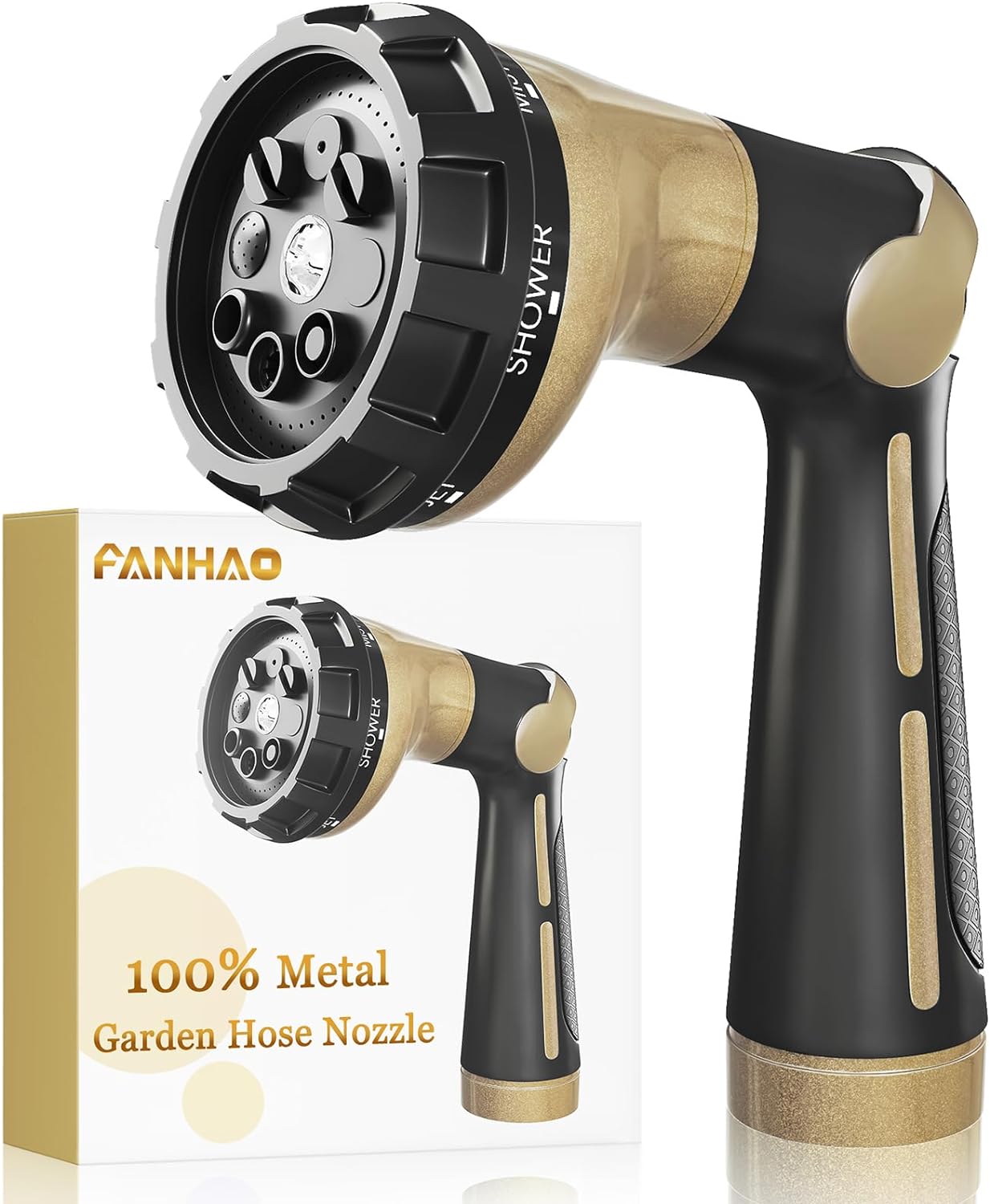 FANHAO Garden Hose Nozzle Heavy Duty,100% Metal Water Hose Sprayer with 8 Spray Patterns-Khaki