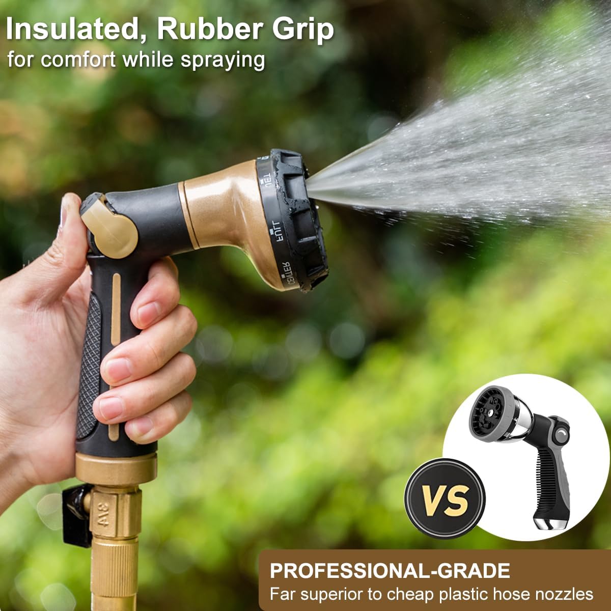 FANHAO Garden Hose Nozzle Heavy Duty,100% Metal Water Hose Sprayer with 8 Spray Patterns-Khaki - FANHAO