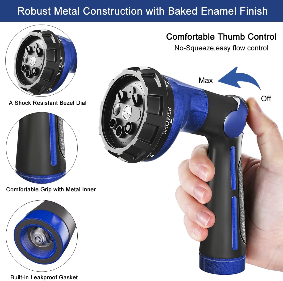 FANHAO Garden Hose Nozzle 100% Heavy Duty Metal Water Hose Sprayer with 8 Spray Patterns-Blue - FANHAO