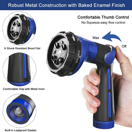 FANHAO Garden Hose Nozzle 100% Heavy Duty Metal Water Hose Sprayer with 8 Spray Patterns-Blue - FANHAO