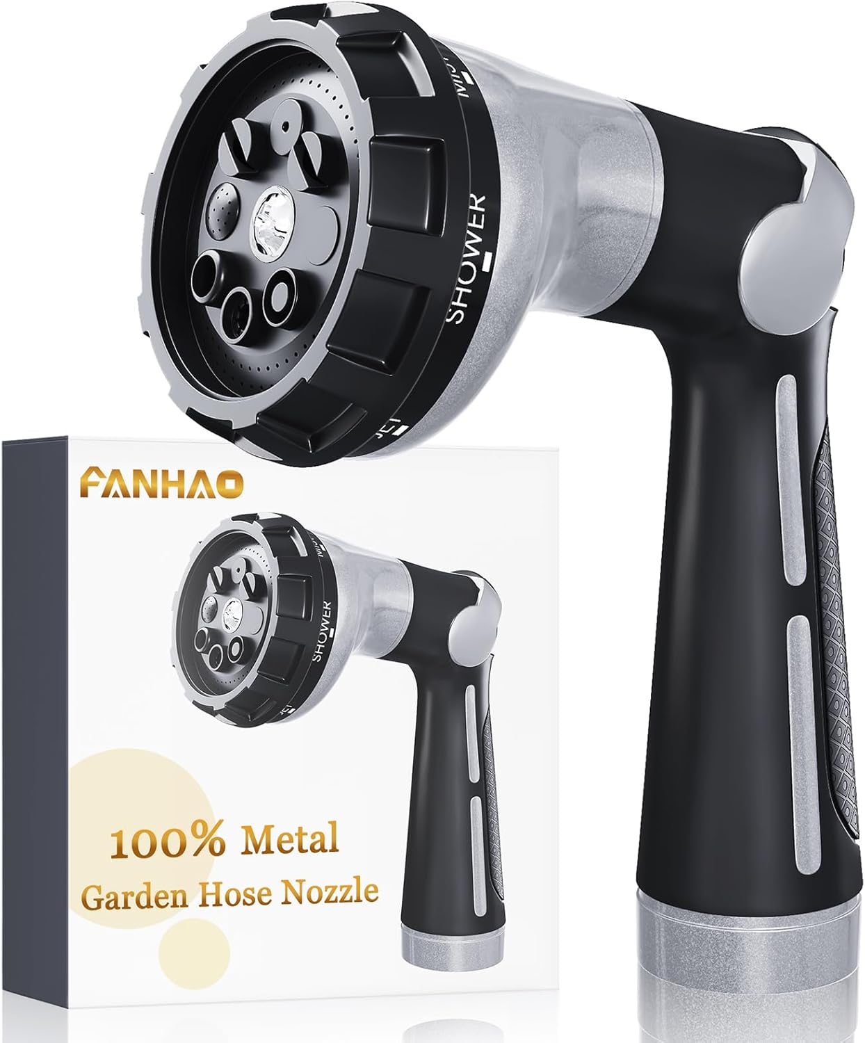 FANHAO 100% Metal Water Hose Sprayer with 8 Spray Patterns-Silver