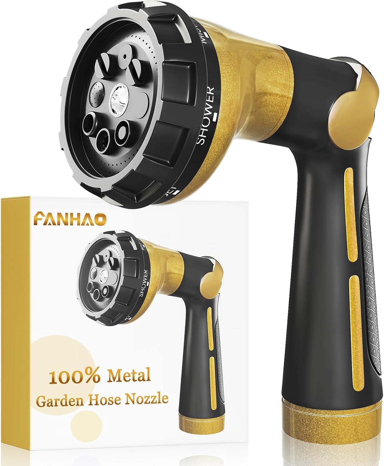 metal garden hose sprayer FANHAO 100% Metal Water Hose Sprayer with 8 Spray Patterns-Yellow