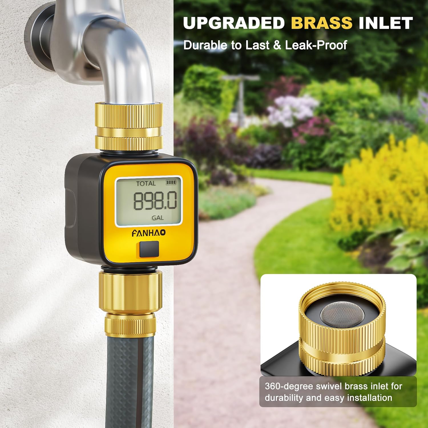 FANHAO Water Flow Meter with Brass Inlet Metal Thread | IPX6 Waterproof, Digital LCD Display - FANHAO