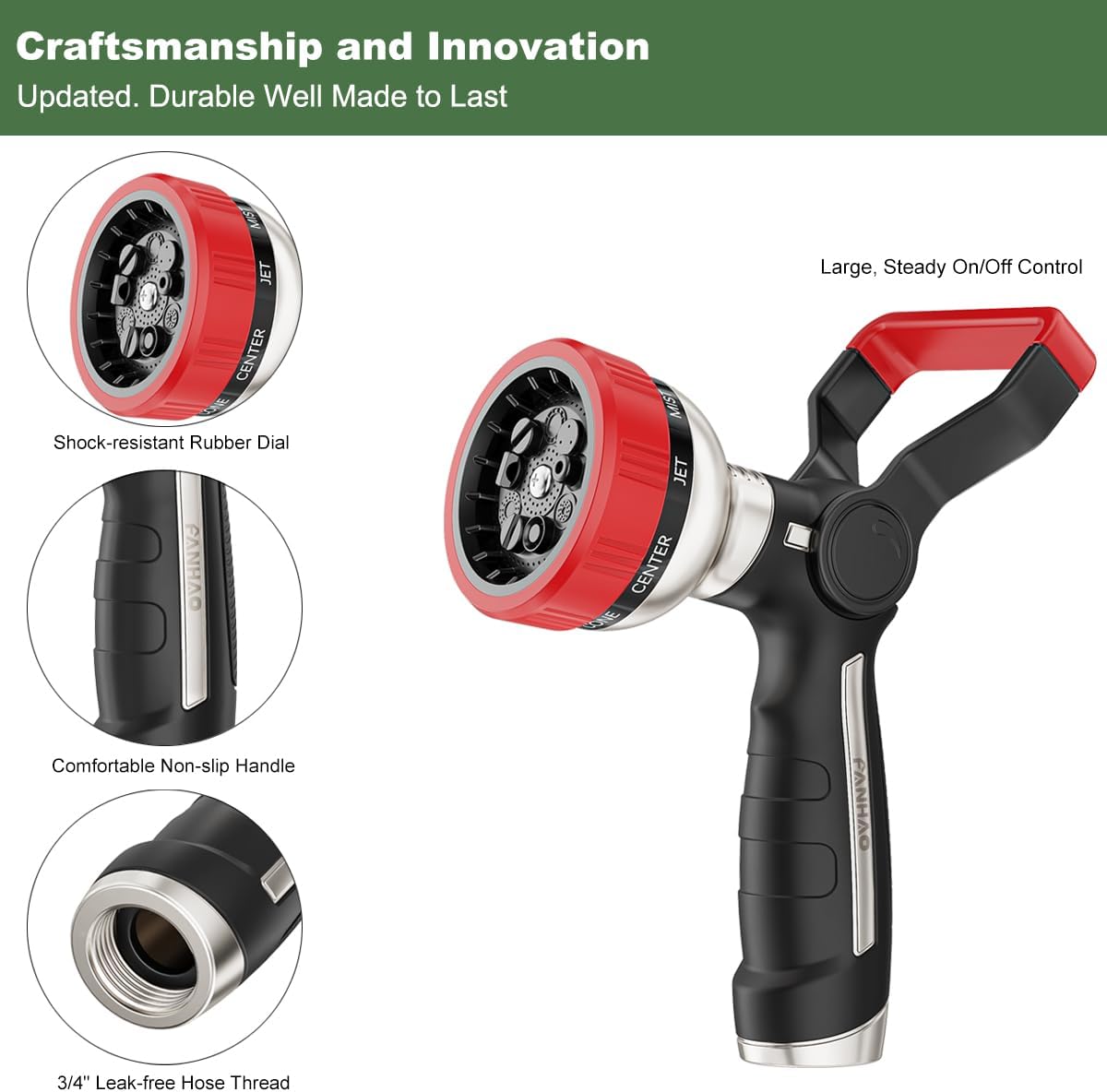 FANHAO Heavy Duty Fireman Style Garden Hose Nozzle - 9 Spray Modes - FANHAO