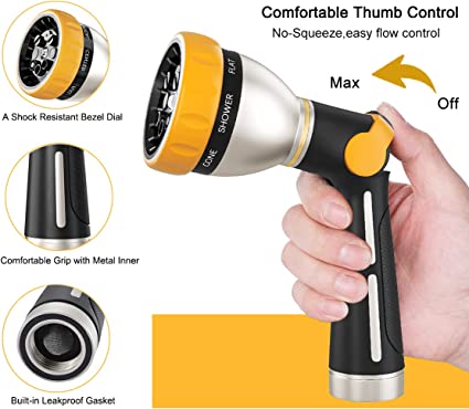 FANHAO Thumb Control Heavy-Duty 8-Pattern Metal Hose Nozzle - Black & Yellow - FANHAO