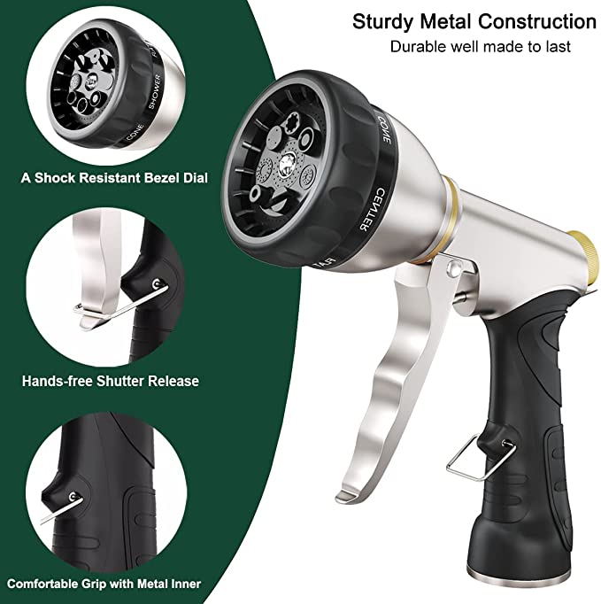 FANHAO Heavy-Duty Metal Hose Nozzle - 7 Spray Patterns, Ergonomic Grip - FANHAO