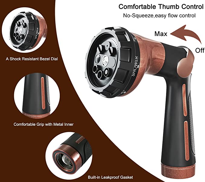 FANHAO Garden Hose Nozzle Heavy Duty, 100% Metal Water Hose Nozzle Sprayer with 8 Spray Patterns - FANHAO