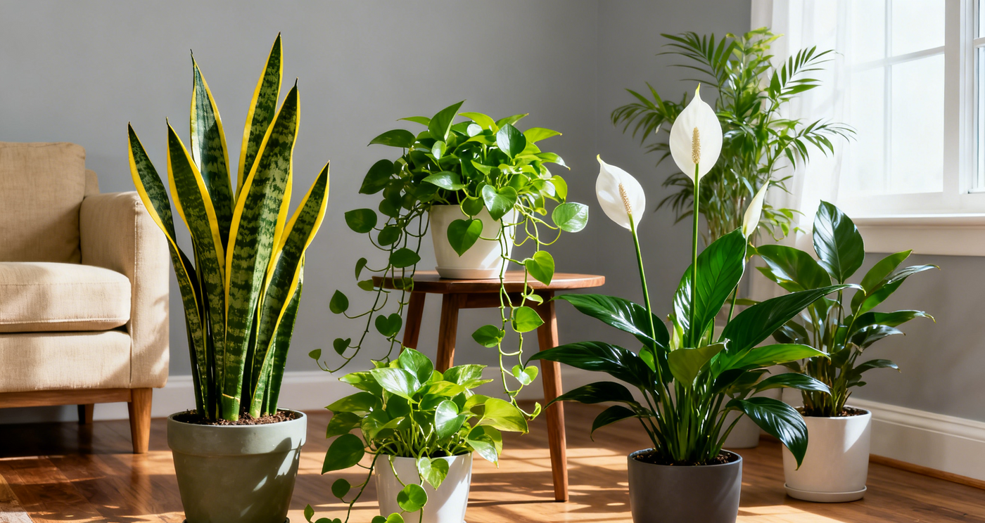 The room has green plants.