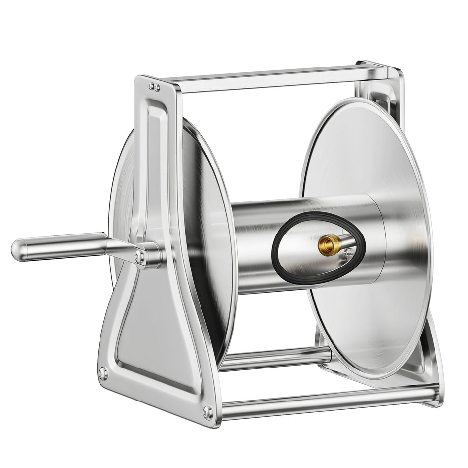 FANHAO Wall Floor Mounted Garden Hose Reel, Holds 125 Ft of 5/8-Inch Hose, Brass Fitting (Hose Not Included)