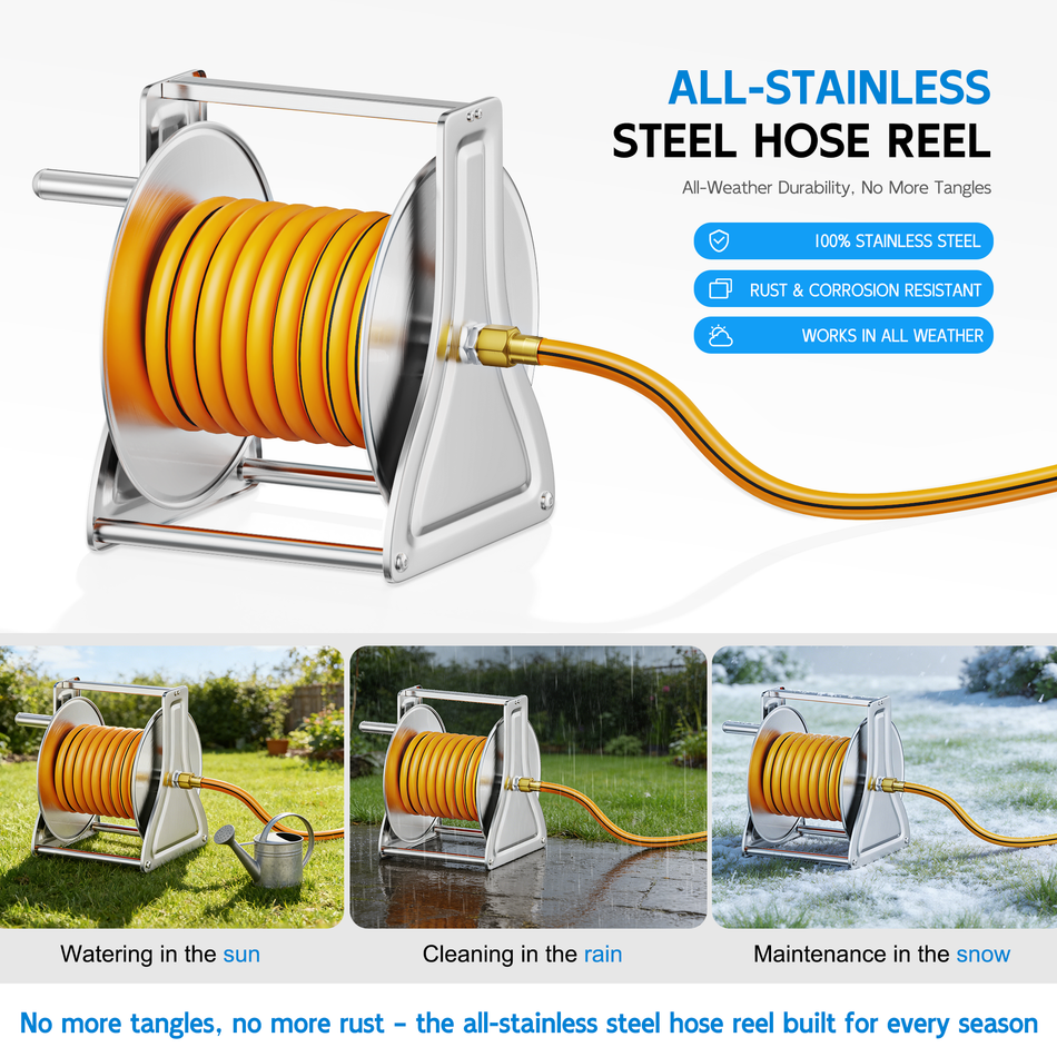 FANHAO Wall Floor Mounted Garden Hose Reel, Holds 125 Ft of 5/8-Inch Hose, Brass Fitting (Hose Not Included)