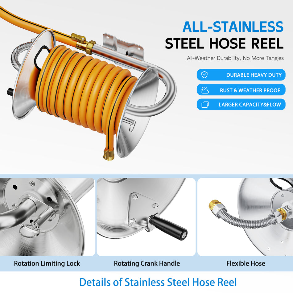 FANHAO Standing or Wall Mounted Garden Hose Reel, Brass Fitting (Hose Not Included)