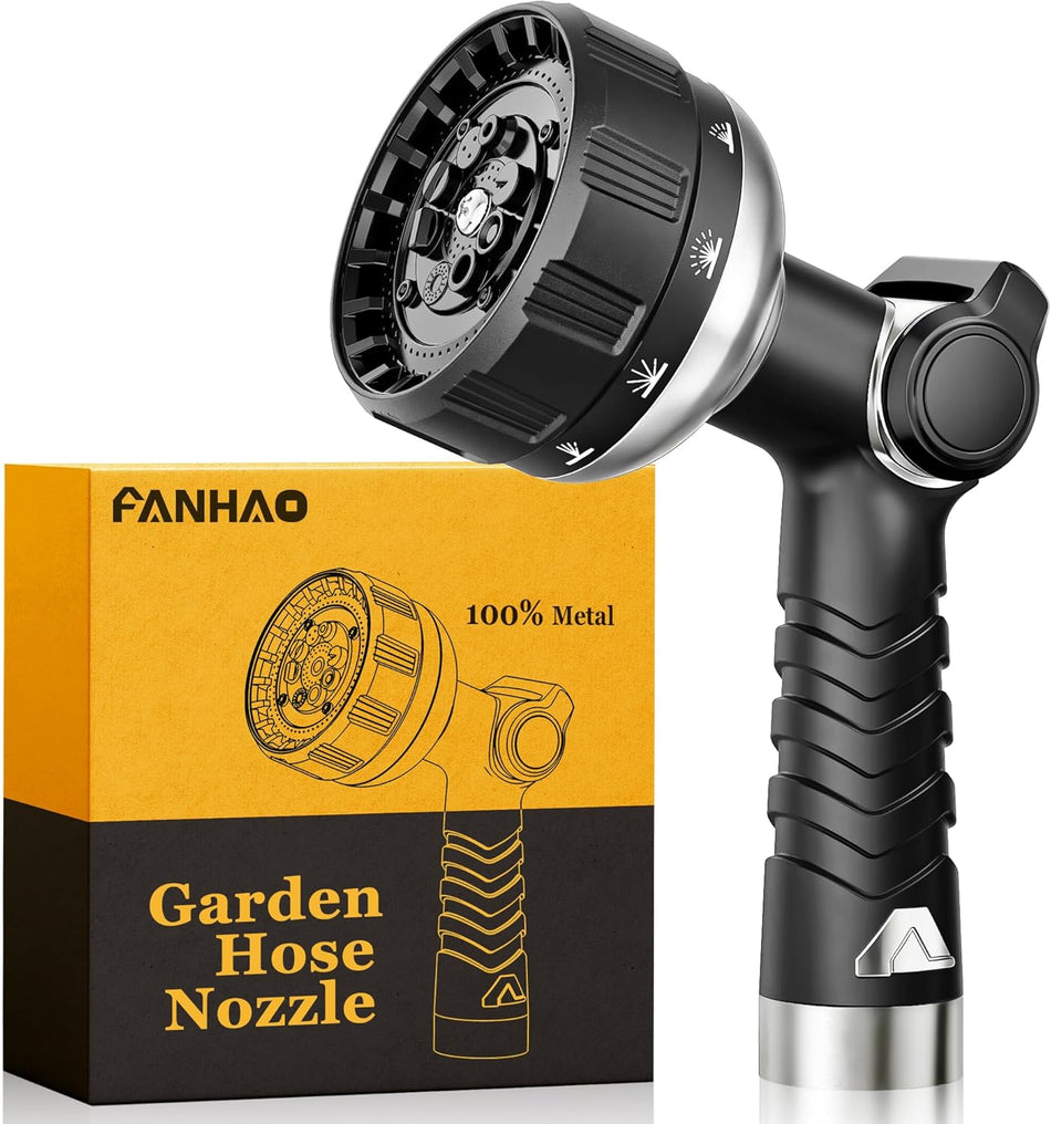 FANHAO Heavy Duty Garden Hose Nozzle, 100% Metal Water Hose Sprayer with 10 Spray Patterns