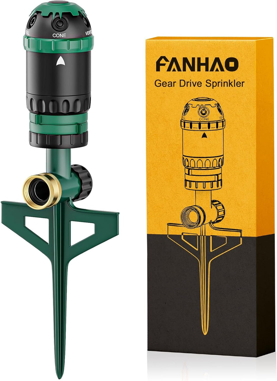 FANHAO Heavy Duty Gear Drive Sprinkler with Metal Spike Base, 5-Pattern Adjustable Sprinkler Irrigation System