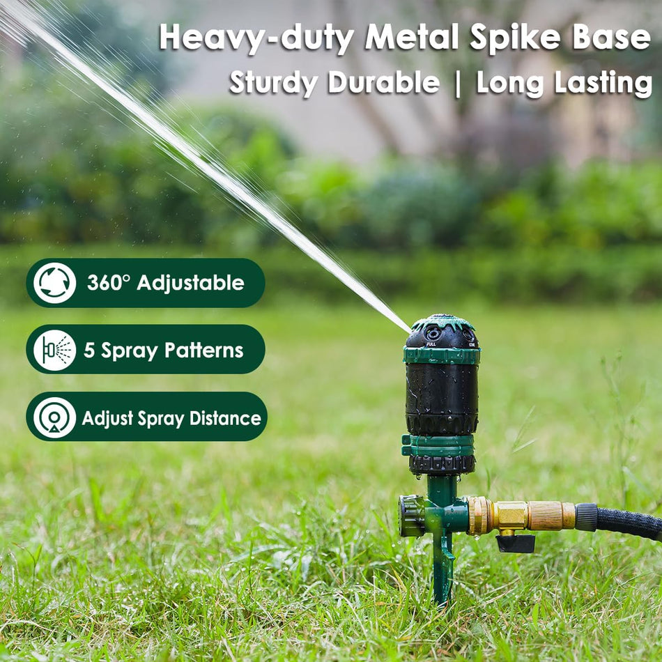 FANHAO Heavy Duty Gear Drive Sprinkler with Metal Spike Base, 5-Pattern Adjustable Sprinkler Irrigation System