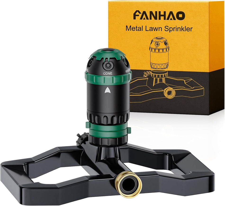FANHAO Heavy Duty Gear Drive Lawn Sprinkler with Metal Base, 5-Pattern Adjustable Sprinkler Irrigation System