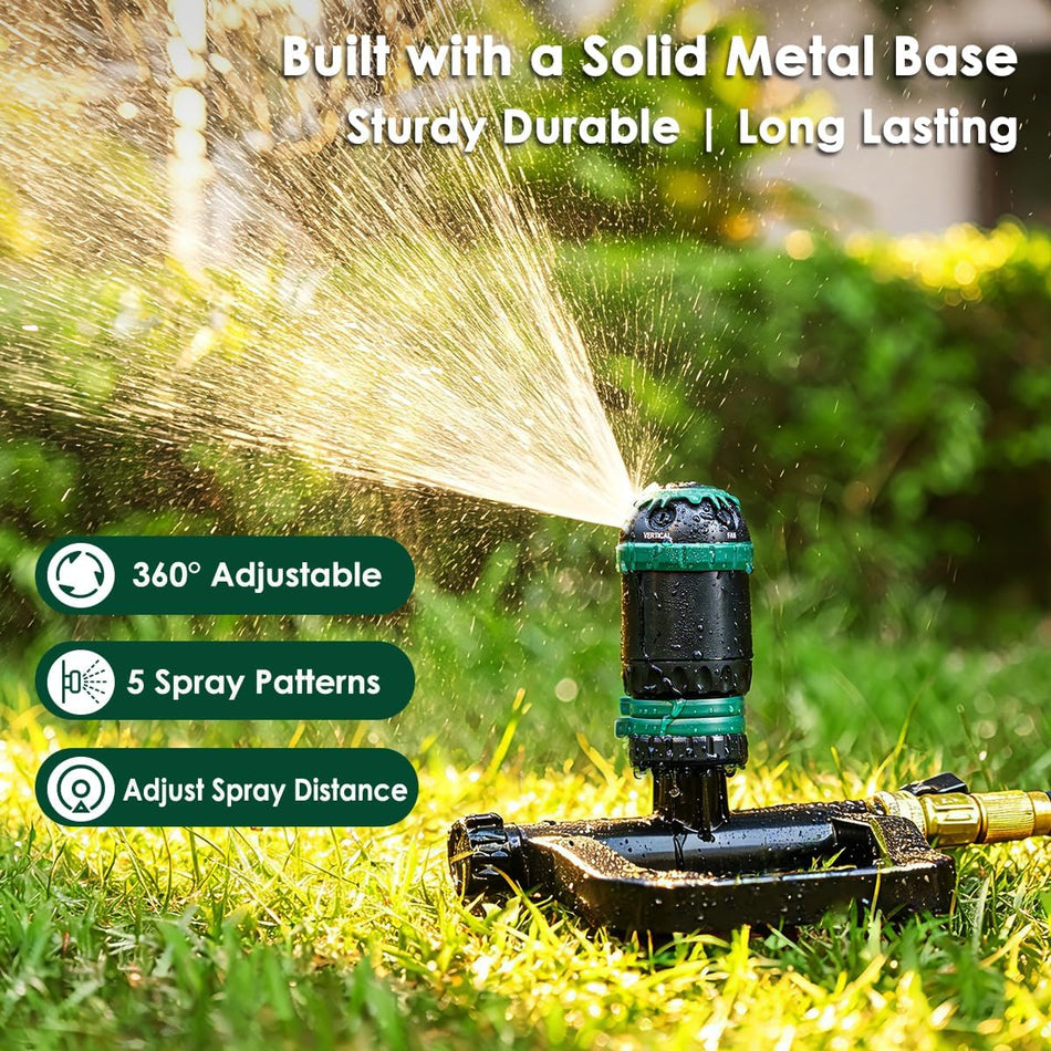 FANHAO Heavy Duty Gear Drive Lawn Sprinkler with Metal Base, 5-Pattern Adjustable Sprinkler Irrigation System