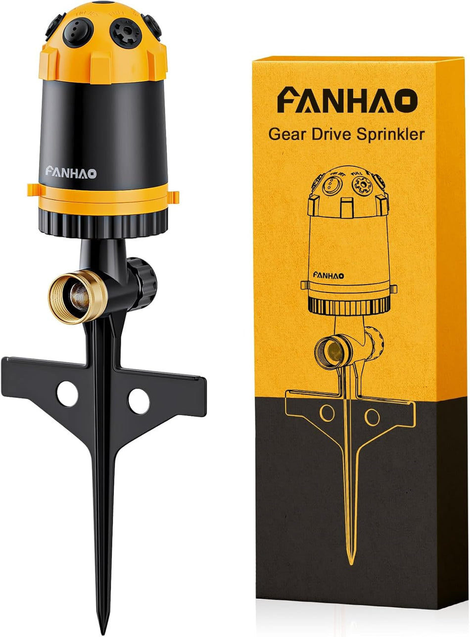 FANHAO Gear Drive Lawn Sprinkler with Metal Spike Base, 6-Pattern Heavy Duty Water Sprinkler System
