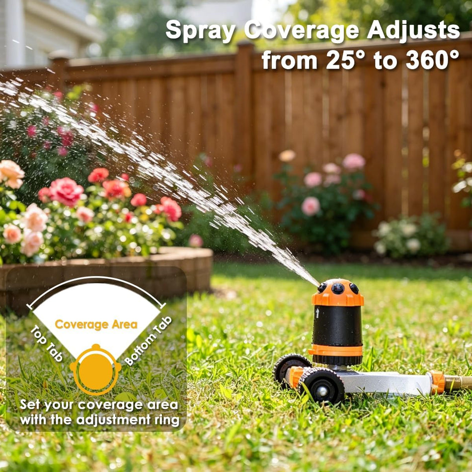 FANHAO Gear Drive Lawn Sprinkler with Metal Wheel Base, Heavy Duty 6-Pattern Water Sprinkler System