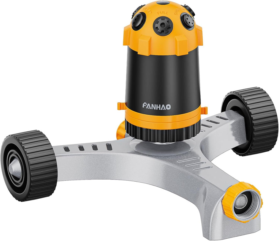 FANHAO Gear Drive Lawn Sprinkler with Metal Wheel Base, Heavy Duty 6-Pattern Water Sprinkler System