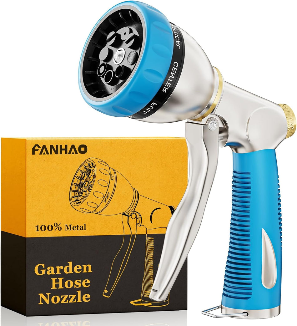 FANHAO Heavy Duty Garden Hose Nozzle, 100% Metal Water Nozzle with 8 Spray Patterns, High Pressure Hose Sprayer with Non-Slip Grip