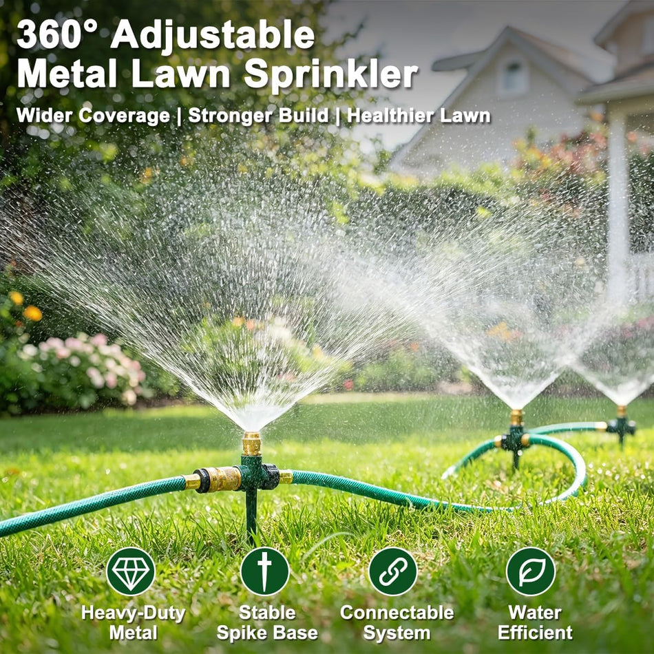 FANHAO 3-Pack Heavy-Duty Metal Lawn Sprinkler for Yard, 360° Adjustable Garden Water Sprinkler with Spike Base, Large Area Irrigation System for Lawn