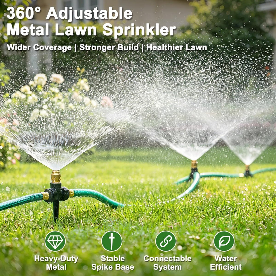 FANHAO 3-Pack Heavy-Duty Metal Lawn Sprinkler with Spike Base, 360° Adjustable Garden Water Sprinkler for Lawn Irrigation System
