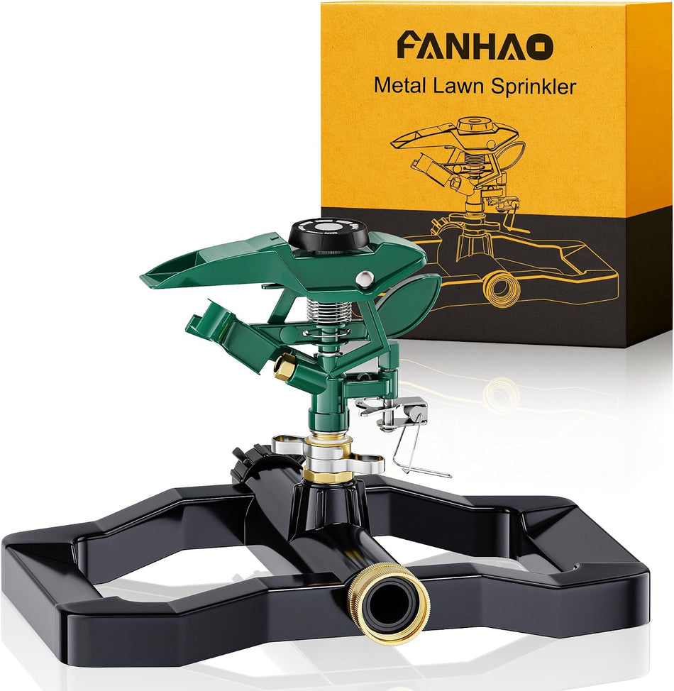 FANHAO Heavy Duty 360 Degree Pulsating Impact Sprinkler, Adjustable Lawn Sprinkler with Metal Base
