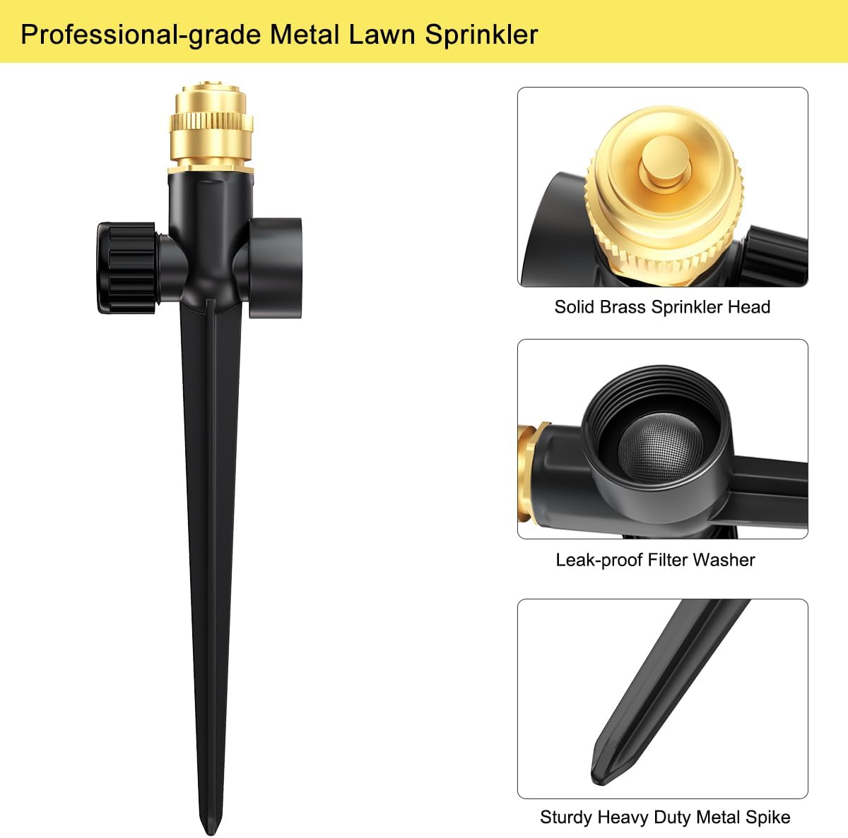 FANHAO 2 Pack Metal Lawn Sprinkler for Yard, Automatic Garden Water Sprinkler on Spike Base-Black - FANHAO
