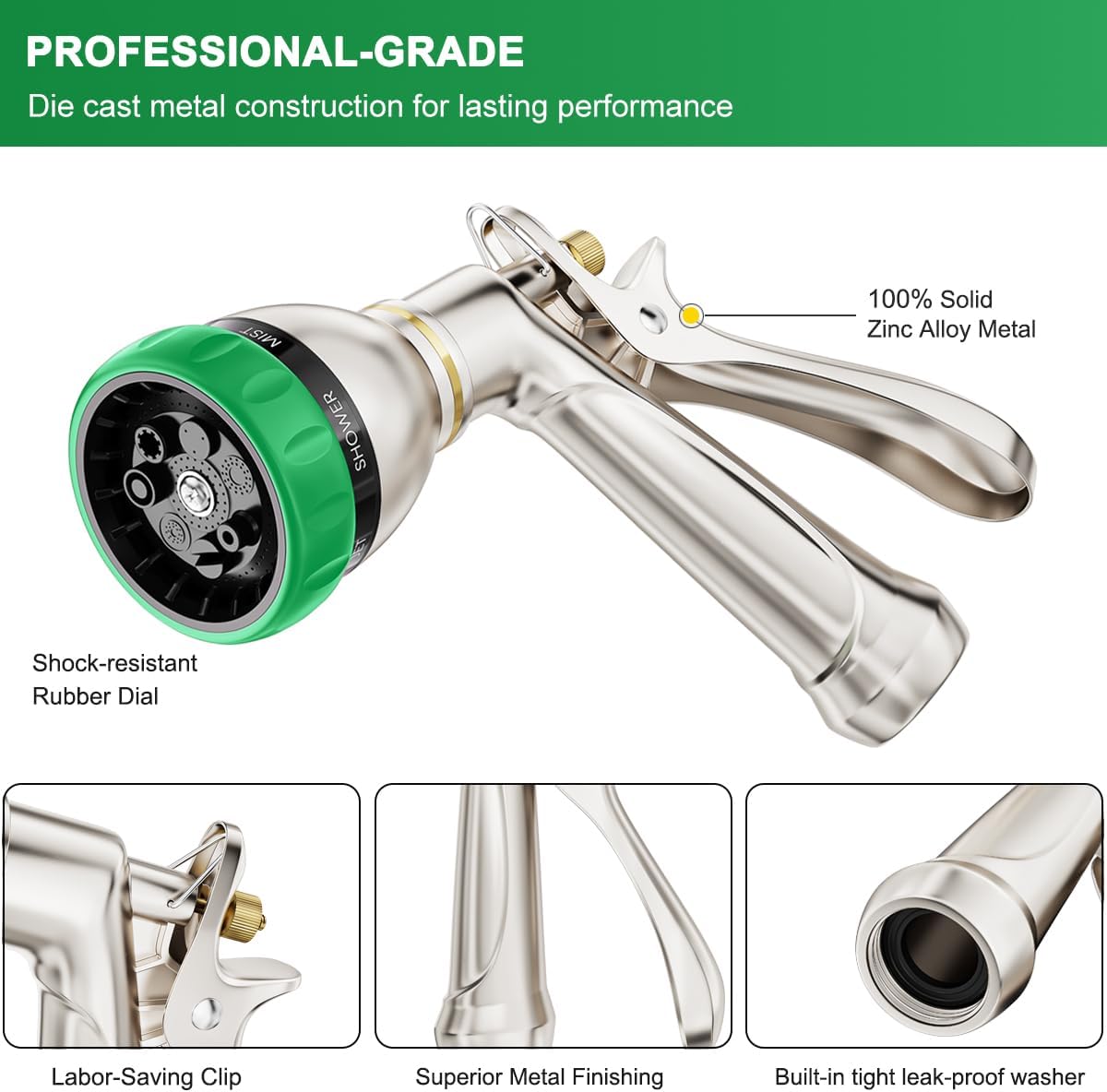 FANHAO Heavy Duty Metal Hose Nozzle - 7-Pattern, Ergonomic Rear Trigger - FANHAO