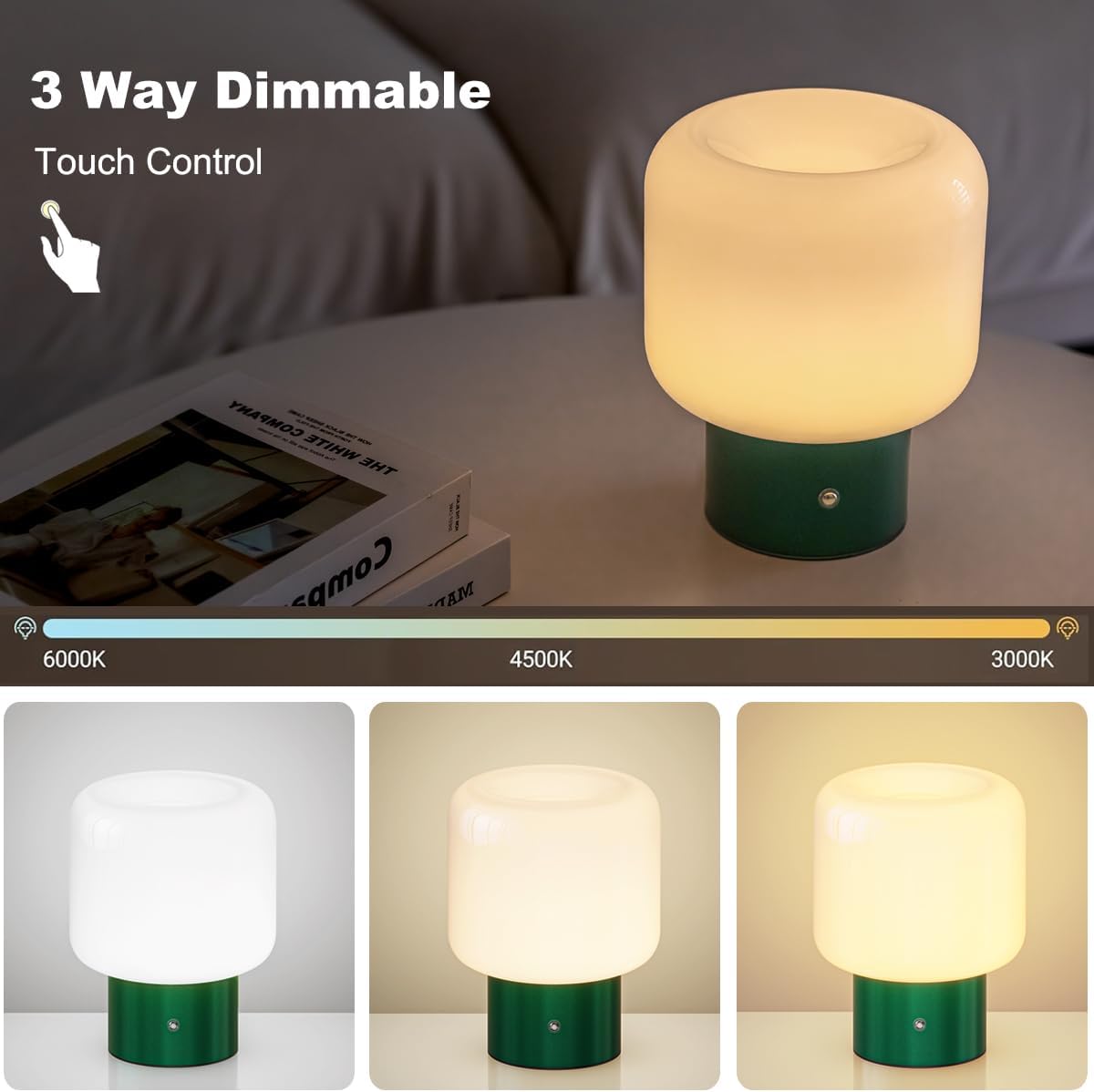 FANHAO Touch Bedside Table Lamp, Portable Cordless Rechargeable Mushroom Lamp, 3-Way Dimmable, 4000mAh Battery Operated