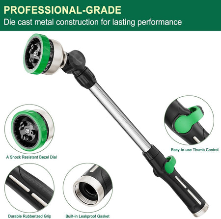 FANHAO Metal Watering Wand, 16-Inch Heavy Duty Garden Hose Wand with 9 Spray Patterns-‎Green - FANHAO