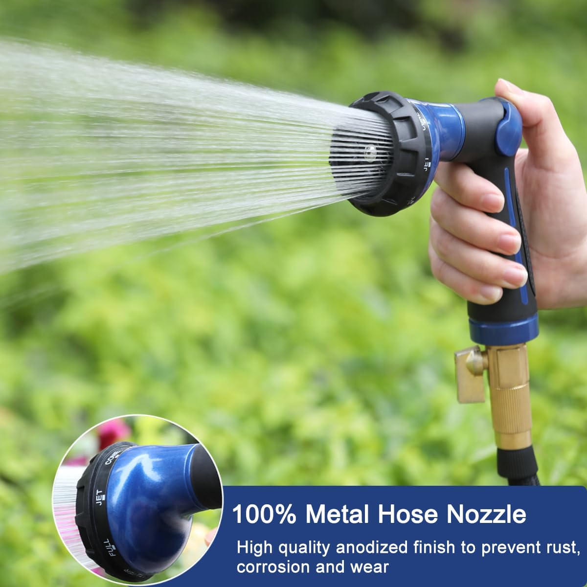 FANHAO Garden Hose Nozzle 100% Heavy Duty Metal Water Hose Sprayer with 8 Spray Patterns-Blue