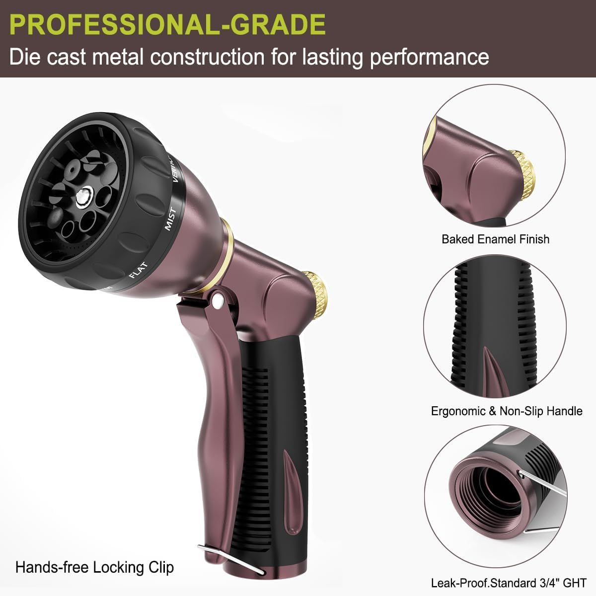 FANHAO Heavy Duty Garden Hose Nozzle, 100% Metal Water Nozzle with 8 Adjustable Spray Patterns-Bronze