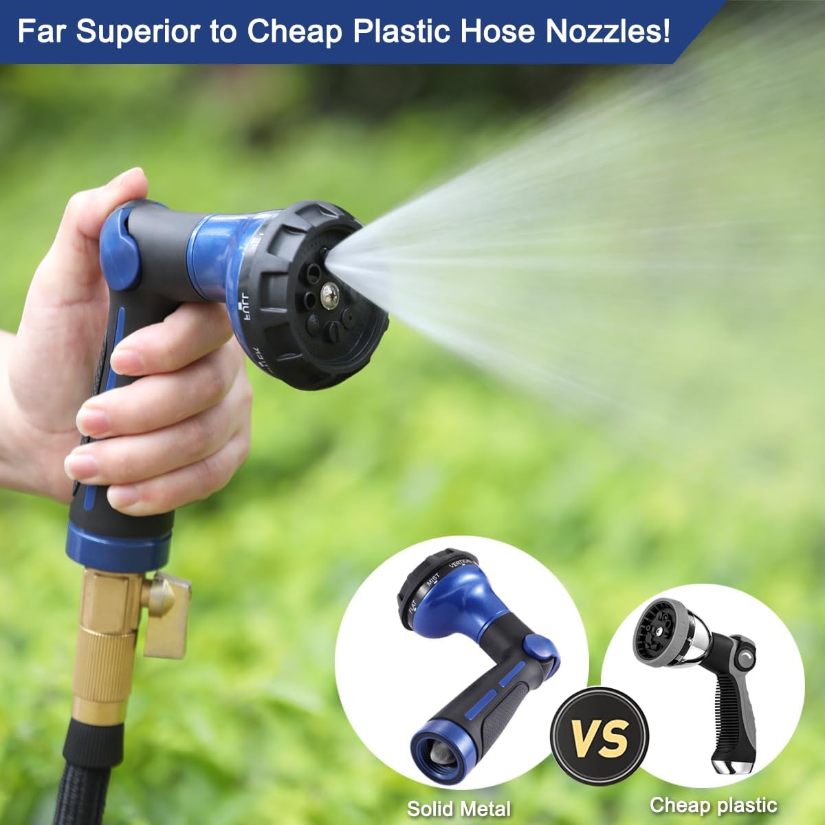 FANHAO Garden Hose Nozzle 100% Heavy Duty Metal Water Hose Sprayer with 8 Spray Patterns-Blue