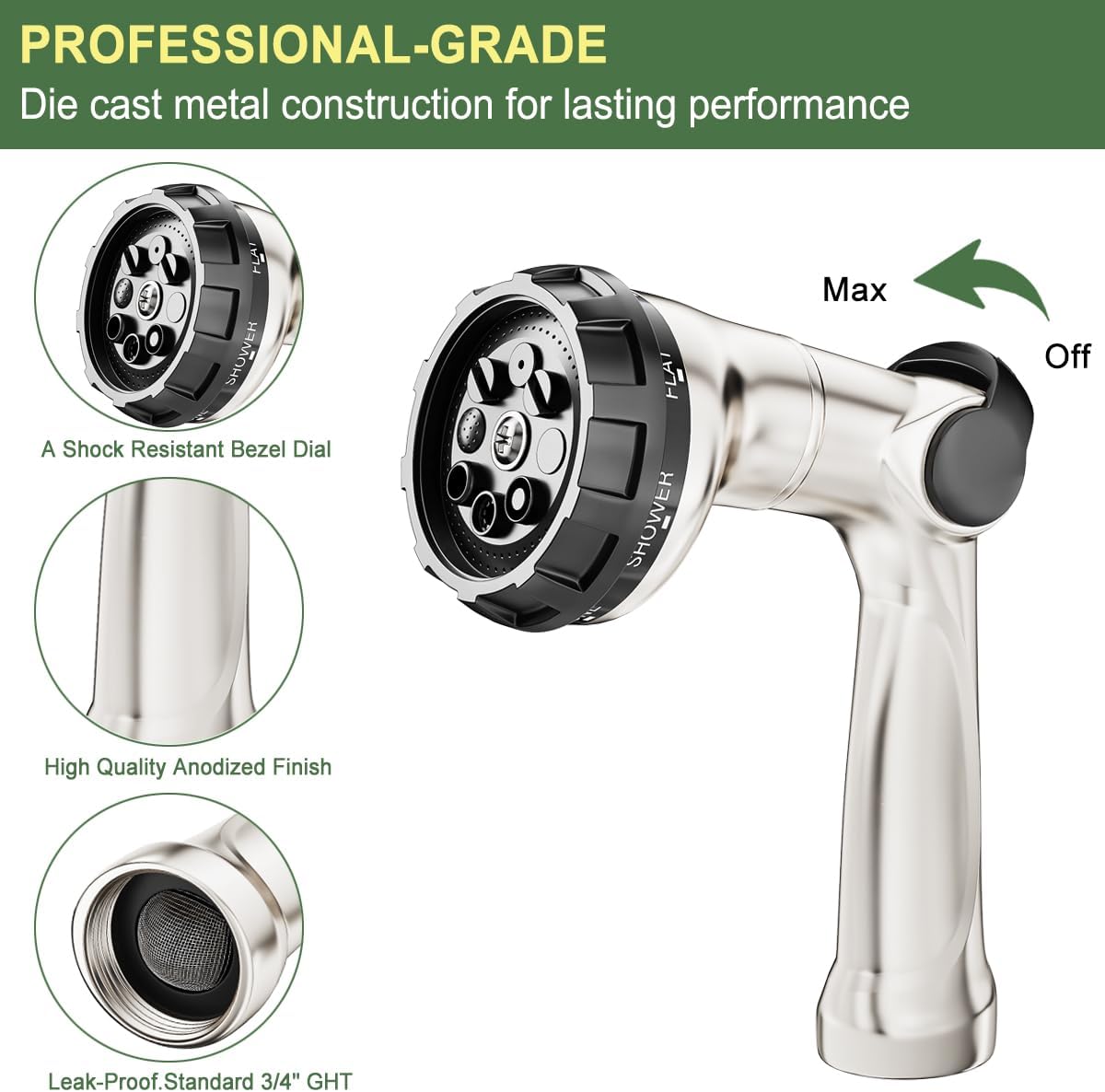 FANHAO Professional Heavy Duty Garden Hose Nozzle, 100% Metal Thumb Control Water Hose Sprayer with 8 Spray Patterns