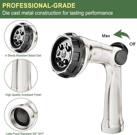 FANHAO Professional Heavy Duty Garden Hose Nozzle, 100% Metal Thumb Control Water Hose Sprayer with 8 Spray Patterns - FANHAO